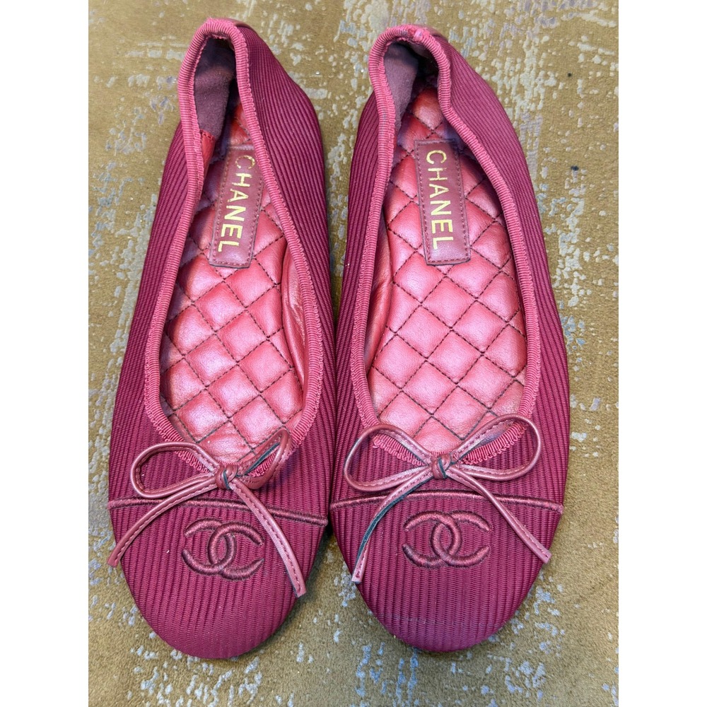 Chanel Burgundy Ribbed Fabric Quilted Leather Ballet Flats CC Logo 36 TT15-1